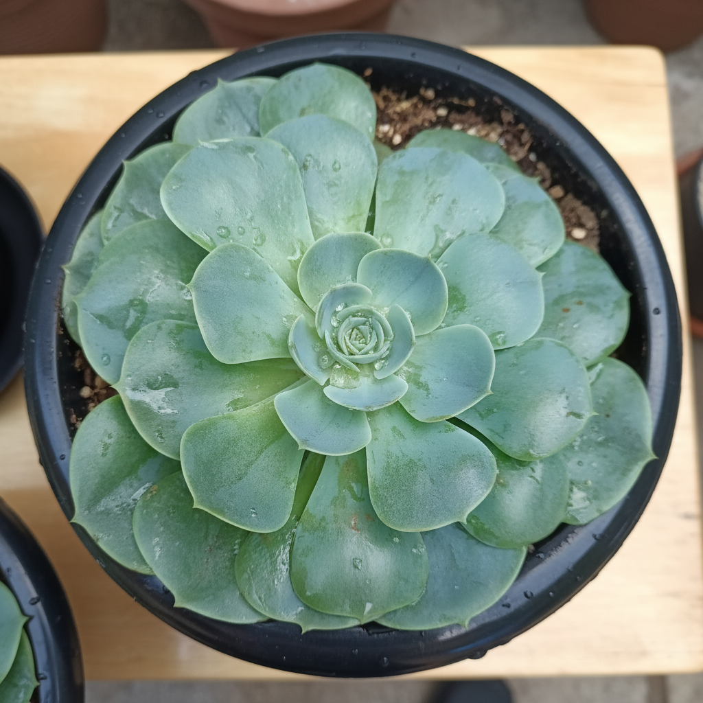 Echeveria Canadian close-up top view with water droplets