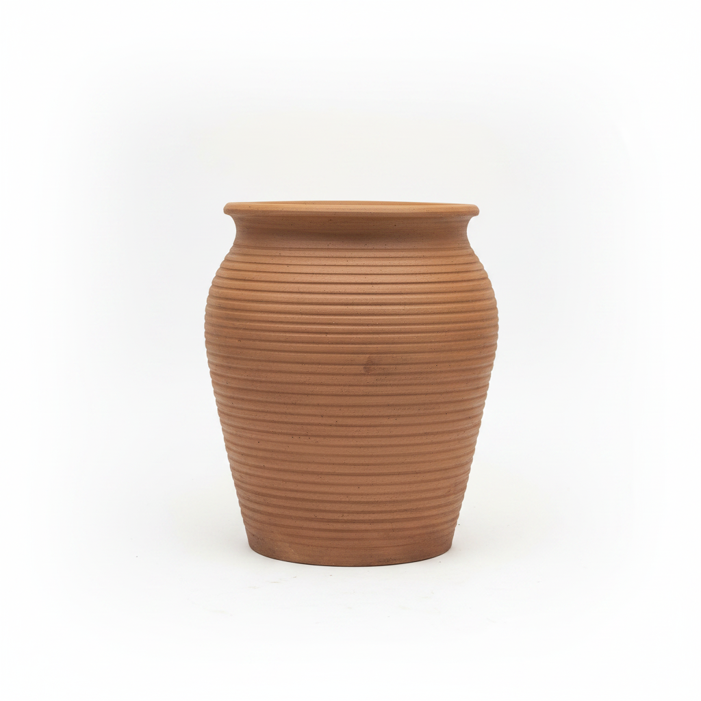 Large ribbed terracotta clay urn on white background