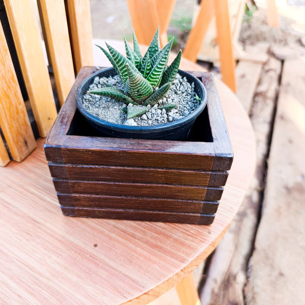 Small wooden planter box, top view