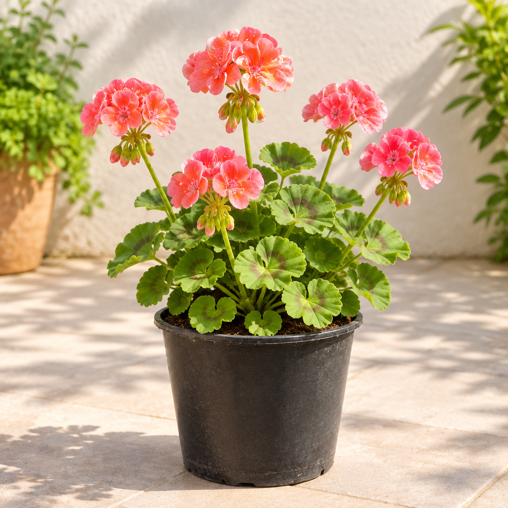 Fully bloomed pink geranium, patio view