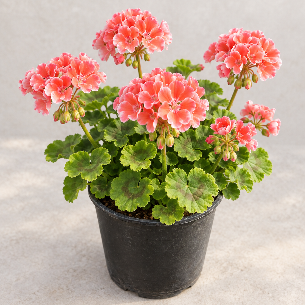 Fully bloomed pink geranium, raised angle