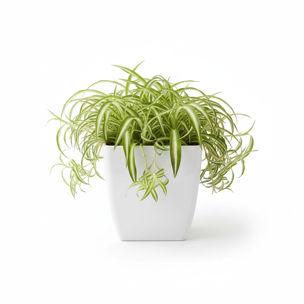 Spider Plant in square planter, white studio background