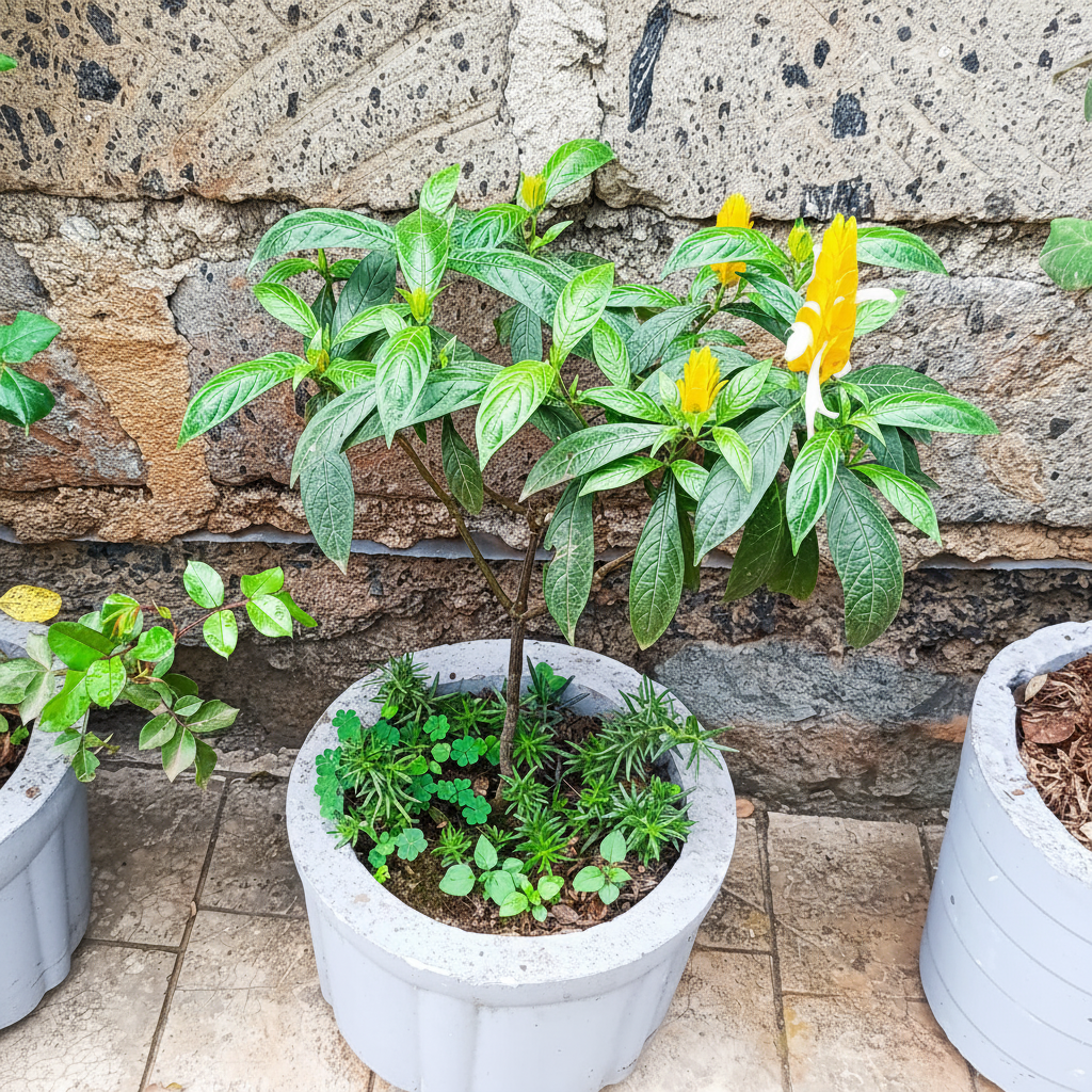 Golden Shrimp Plant in concrete planter against stone wall – AI generated