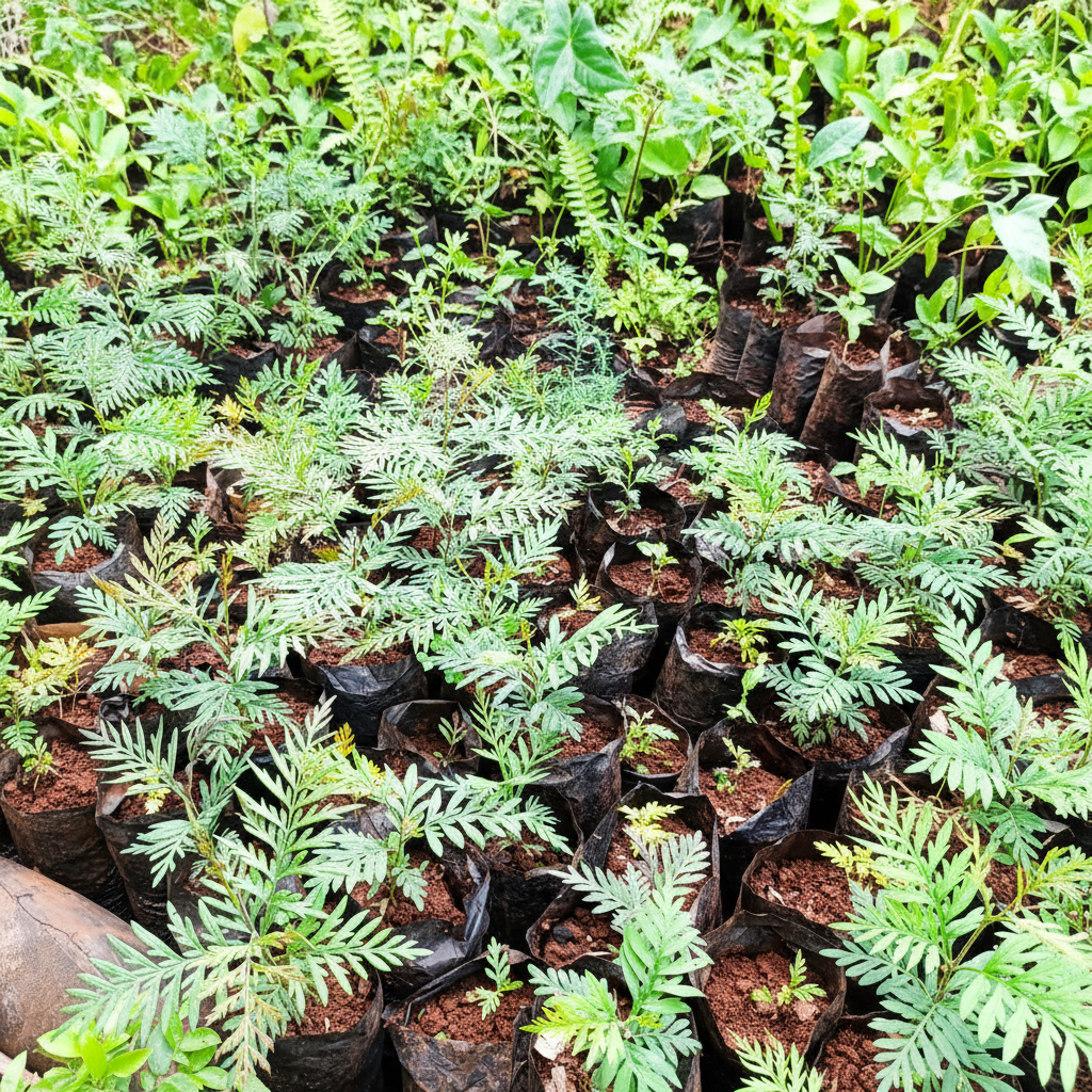 Multiple Grevillea robusta seedlings in nursery planting bags – AI generated