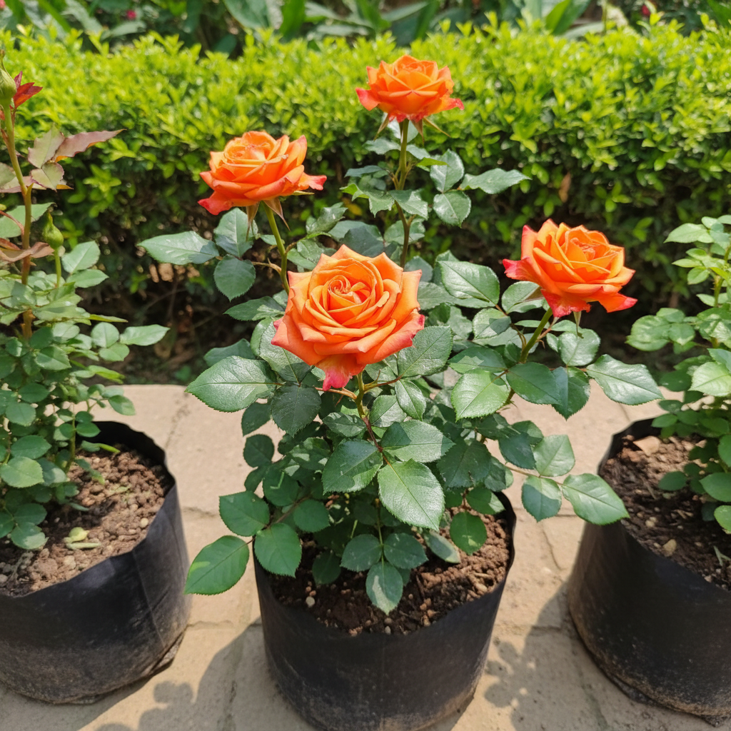 Orange rose plant in planting bag – top-down view with buds and blooms – AI generated