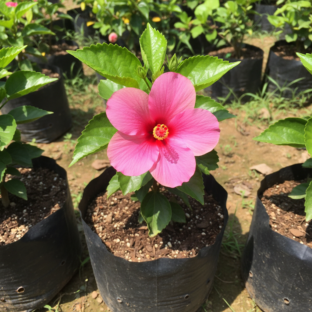 Pink Hibiscus seedling in planting bag top-down view – AI generated