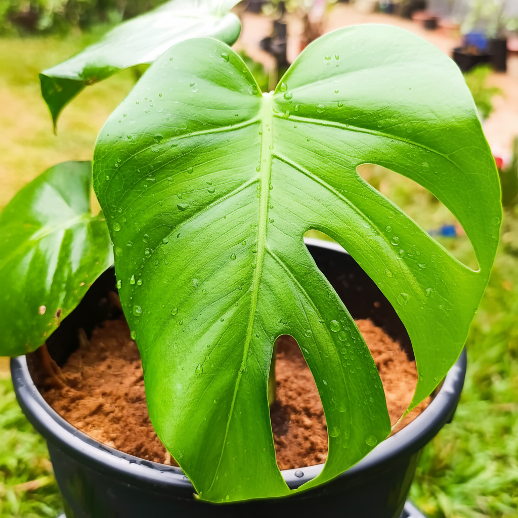 Close-up Monstera leaf with water droplets – AI generated