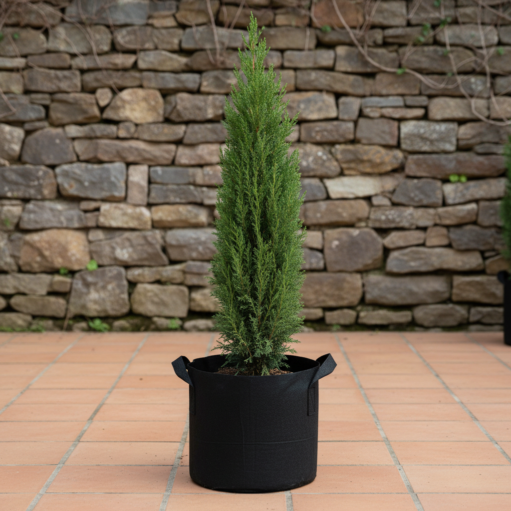 Italian Cypress seedling in planting bag on patio – AI generated