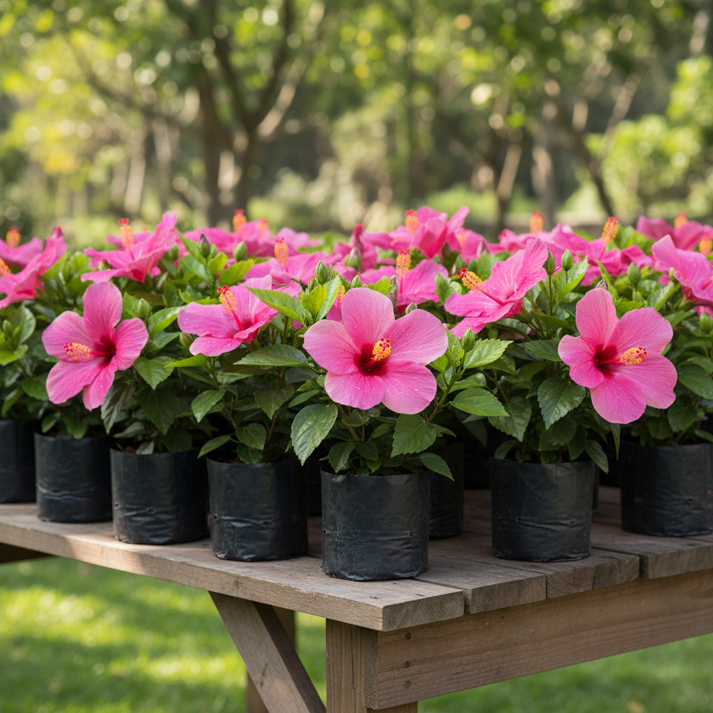 Multiple pink Hibiscus plants in nursery planting bags – AI generated