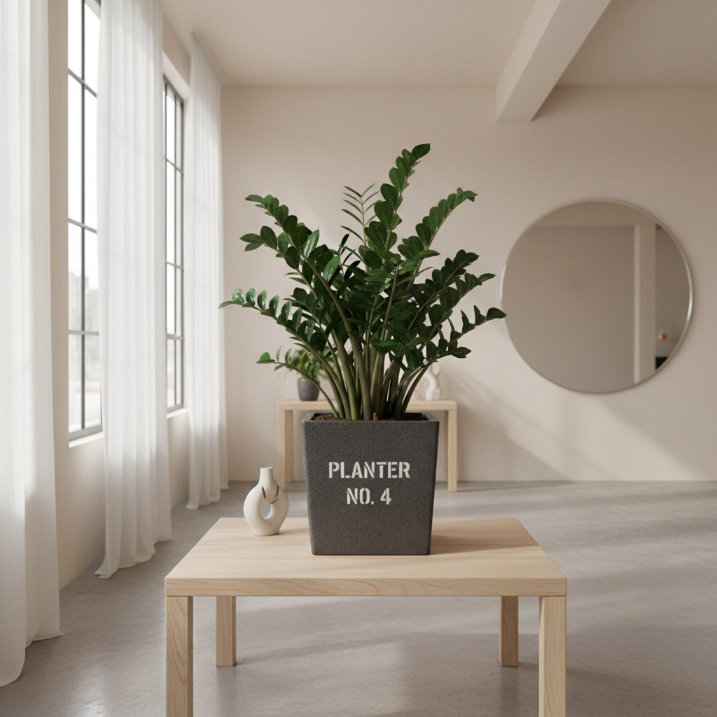 ZZ Plant in square planter on wooden table, minimalist indoor setting