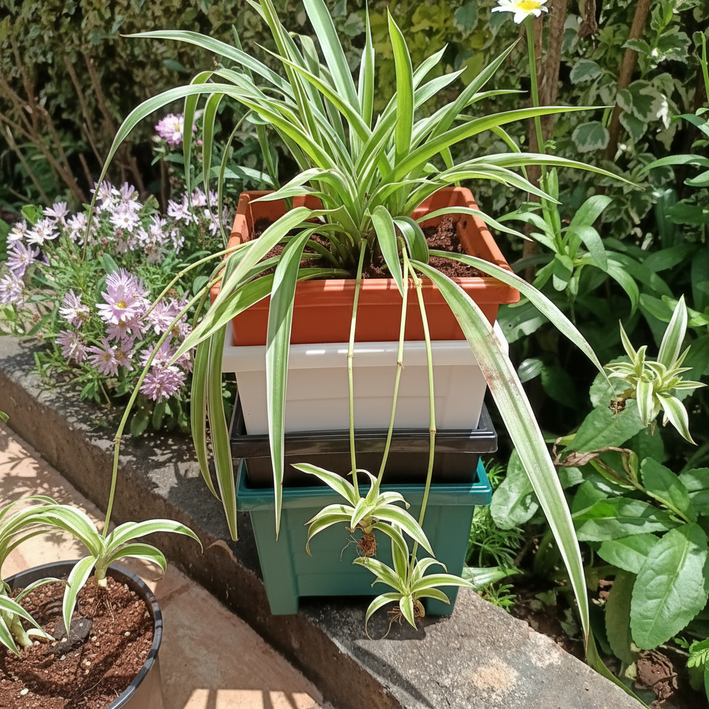 Spider Plant in stacked square planters, garden background