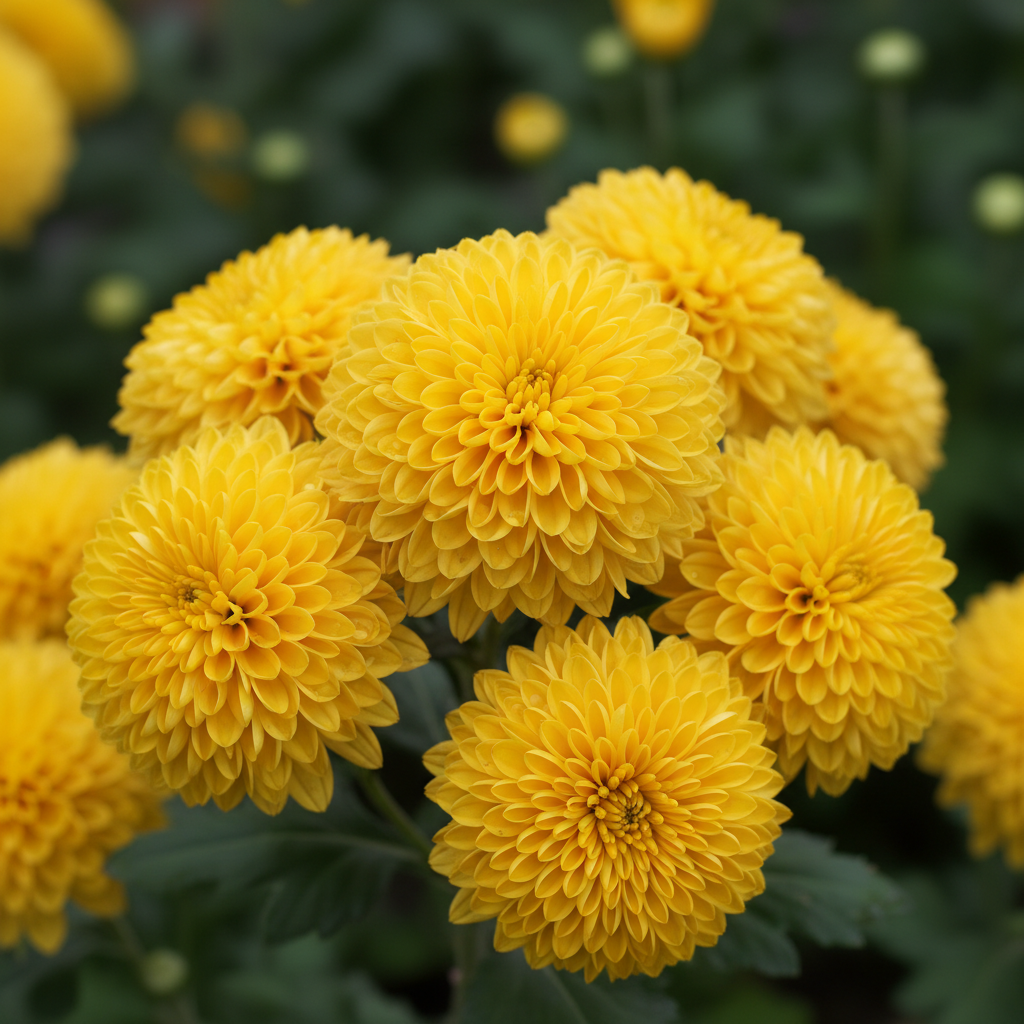 Close-up of vivid golden yellow chrysanthemum pompom blooms