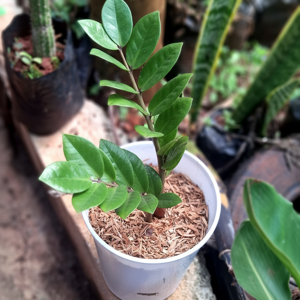 ZZ Plant in nursery pot with lush dark green glossy leaves