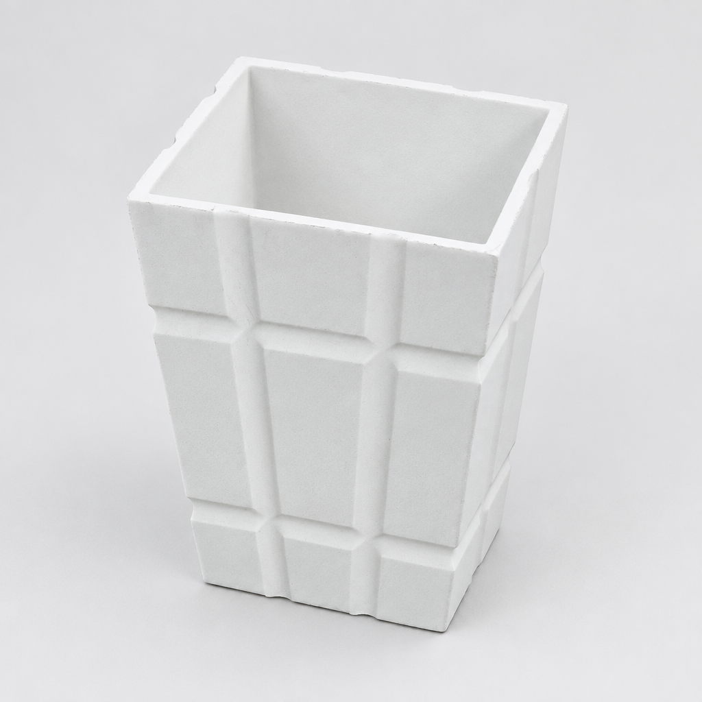 AI-generated square illustration of empty white grid-pattern planter from above