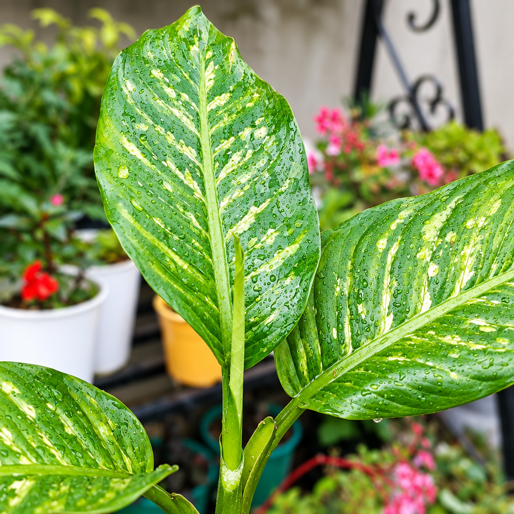 Illustrative: speckled Dieffenbachia leaves