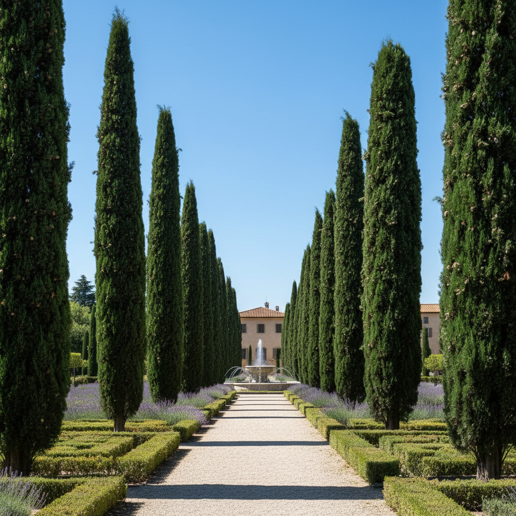 Row of mature Italian Cypress trees in formal garden – AI generated