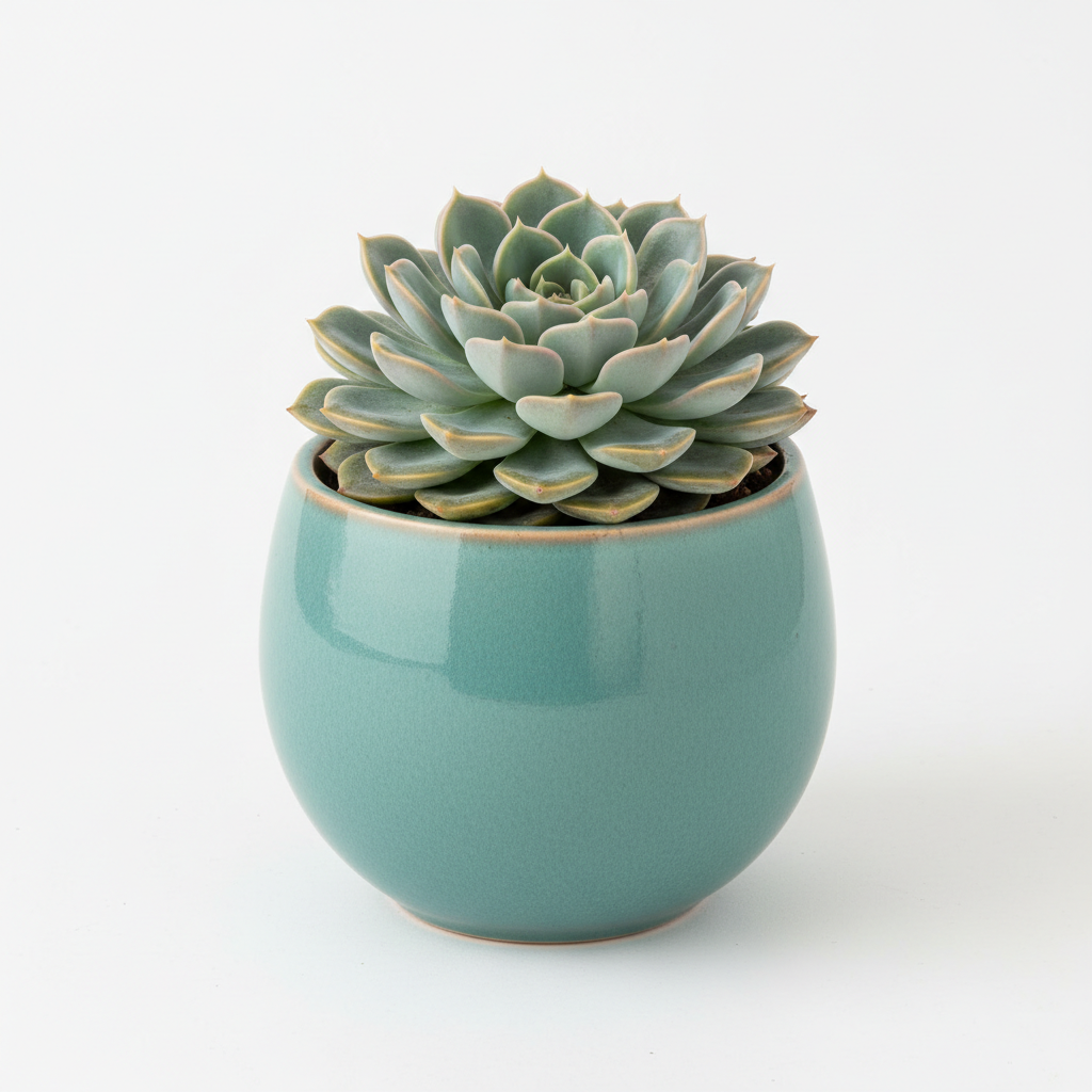 Echeveria Canadian in teal planter, white studio background