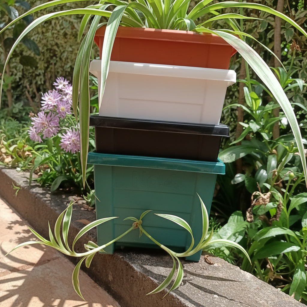 Spider Plant in teal square planter No. 4, low angle view