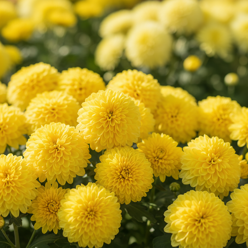 Close-up of yellow chrysanthemum pompom flowers in a field