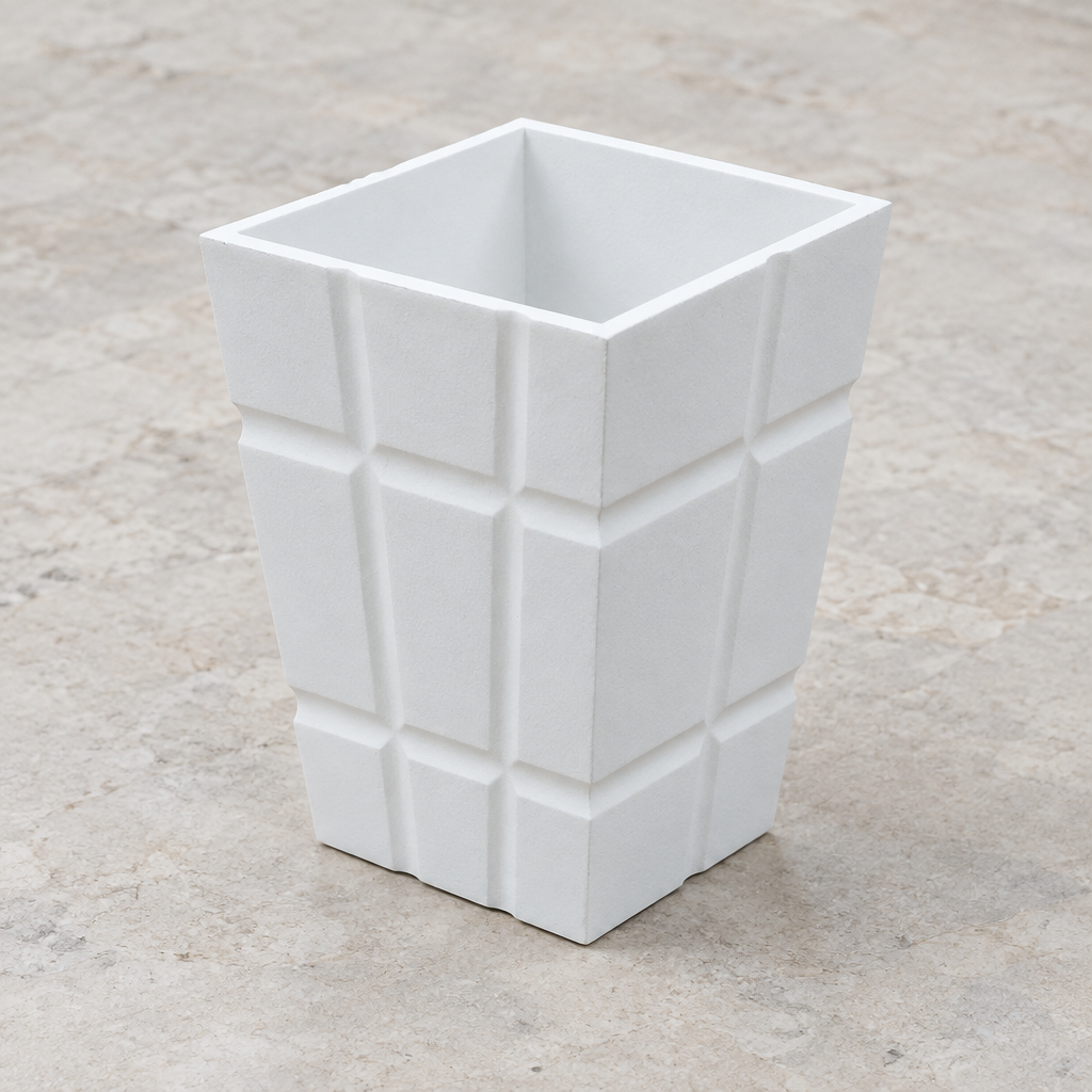 AI-generated square illustration of white grid-pattern pot from side angle