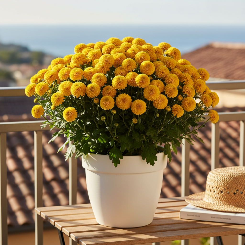 Yellow chrysanthemum plant on sunny balcony in white pot