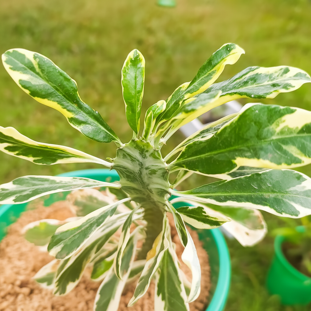 Close-up top view of Variegated Euphorbia neriifolia foliage – AI generated