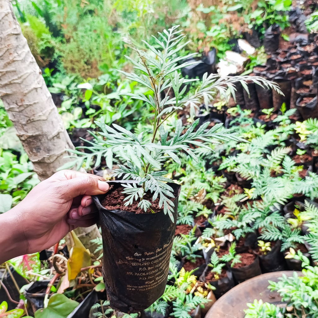Grevillea robusta seedling held in hand in nursery – AI generated