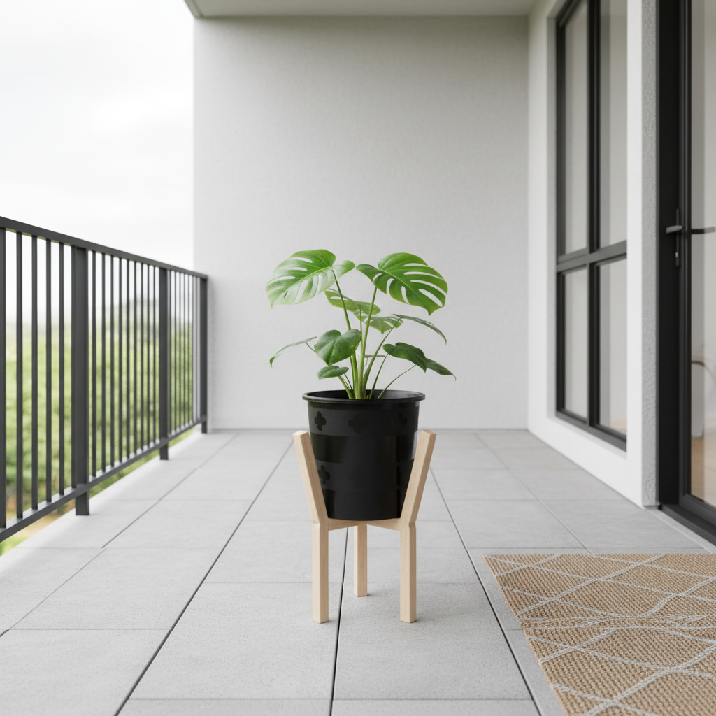 Monstera on wooden tripod stand on patio – AI generated