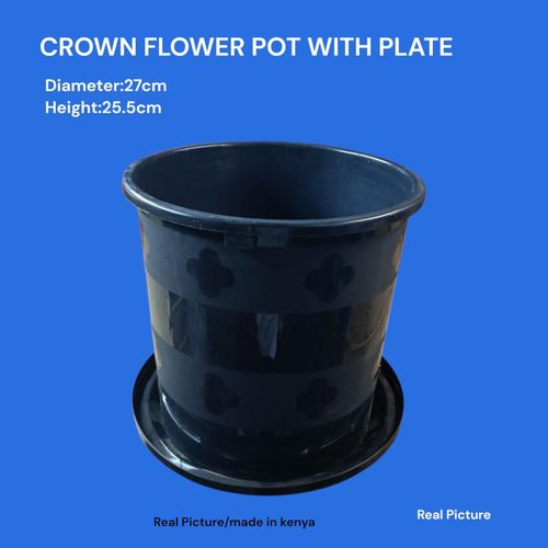 Crown Flower Pot with Plate – Black, 27cm diameter