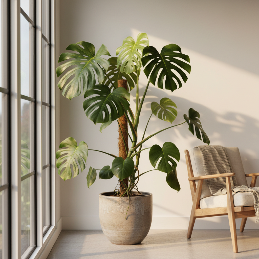 Monstera deliciosa indoors near bright window – AI generated
