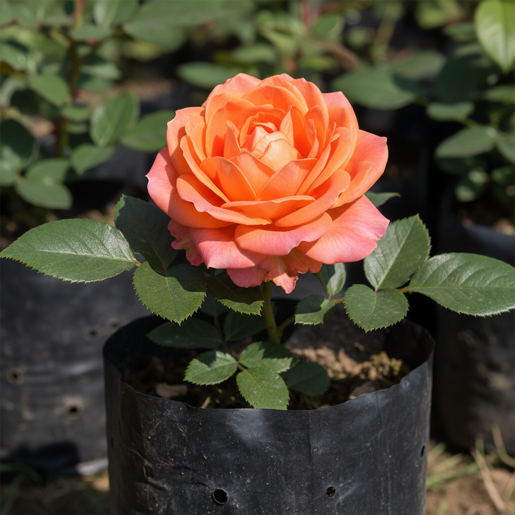 Close-up orange rose bloom in black planting bag – AI generated