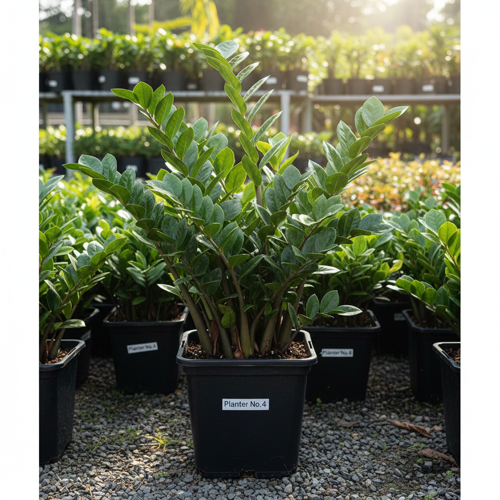 ZZ Plant in square Planter No. 4, garden nursery setting