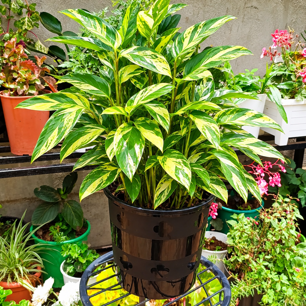 Illustrative: healthy Ctenanthe in black pot