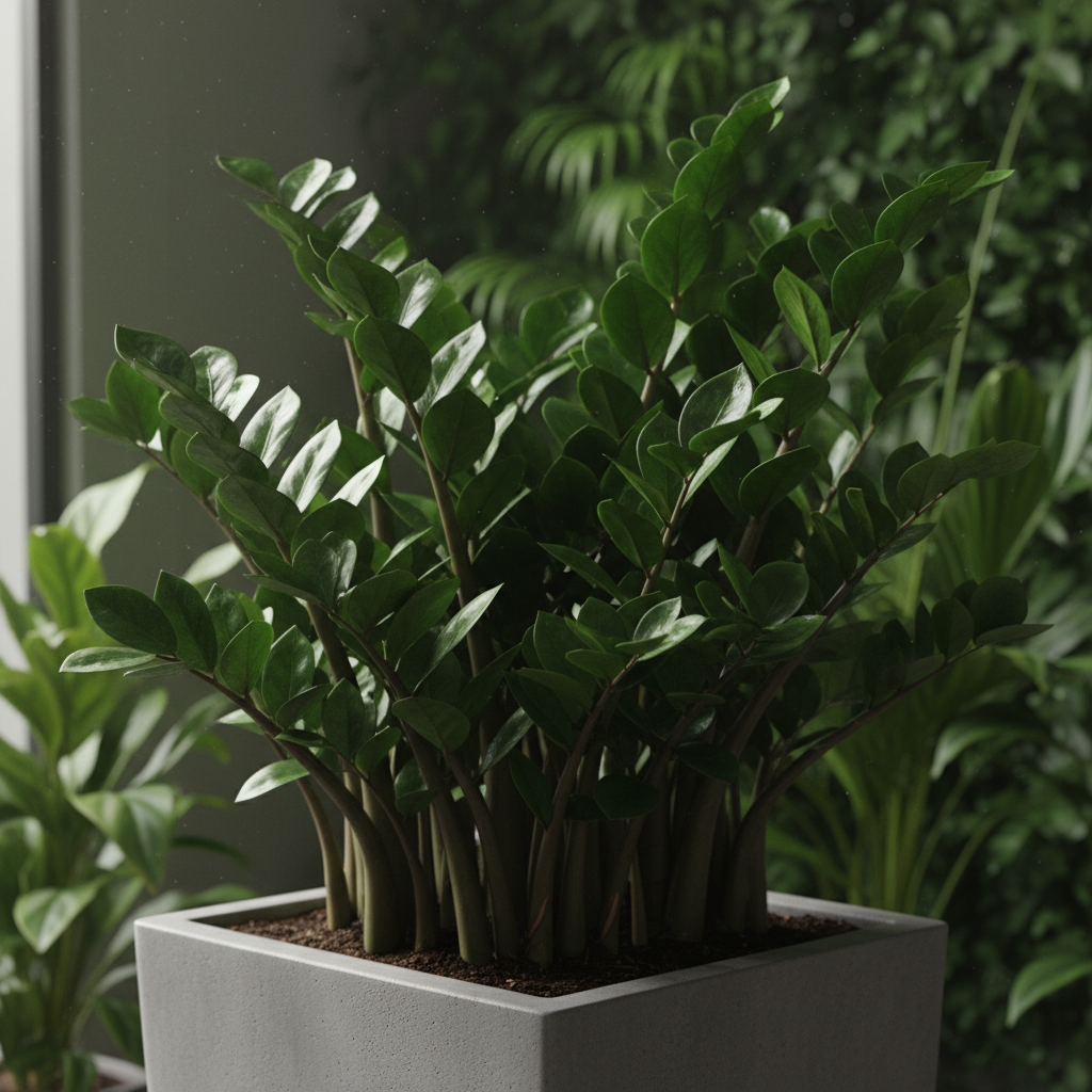 Close-up of ZZ Plant glossy waxy dark green leaves
