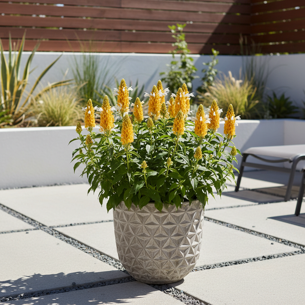 Golden Shrimp Plant on patio in concrete pot – lifestyle AI generated