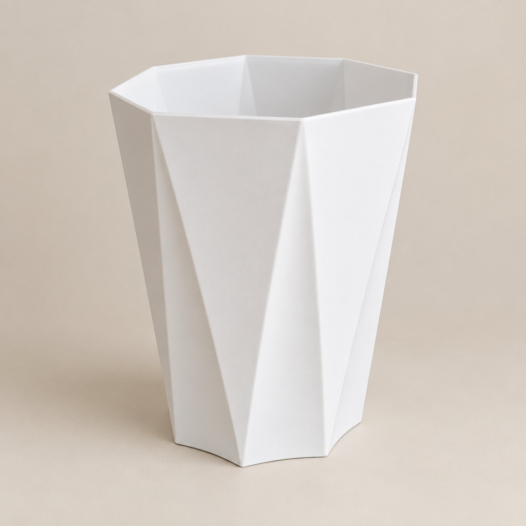 AI-generated square illustration of white faceted planter from front angle