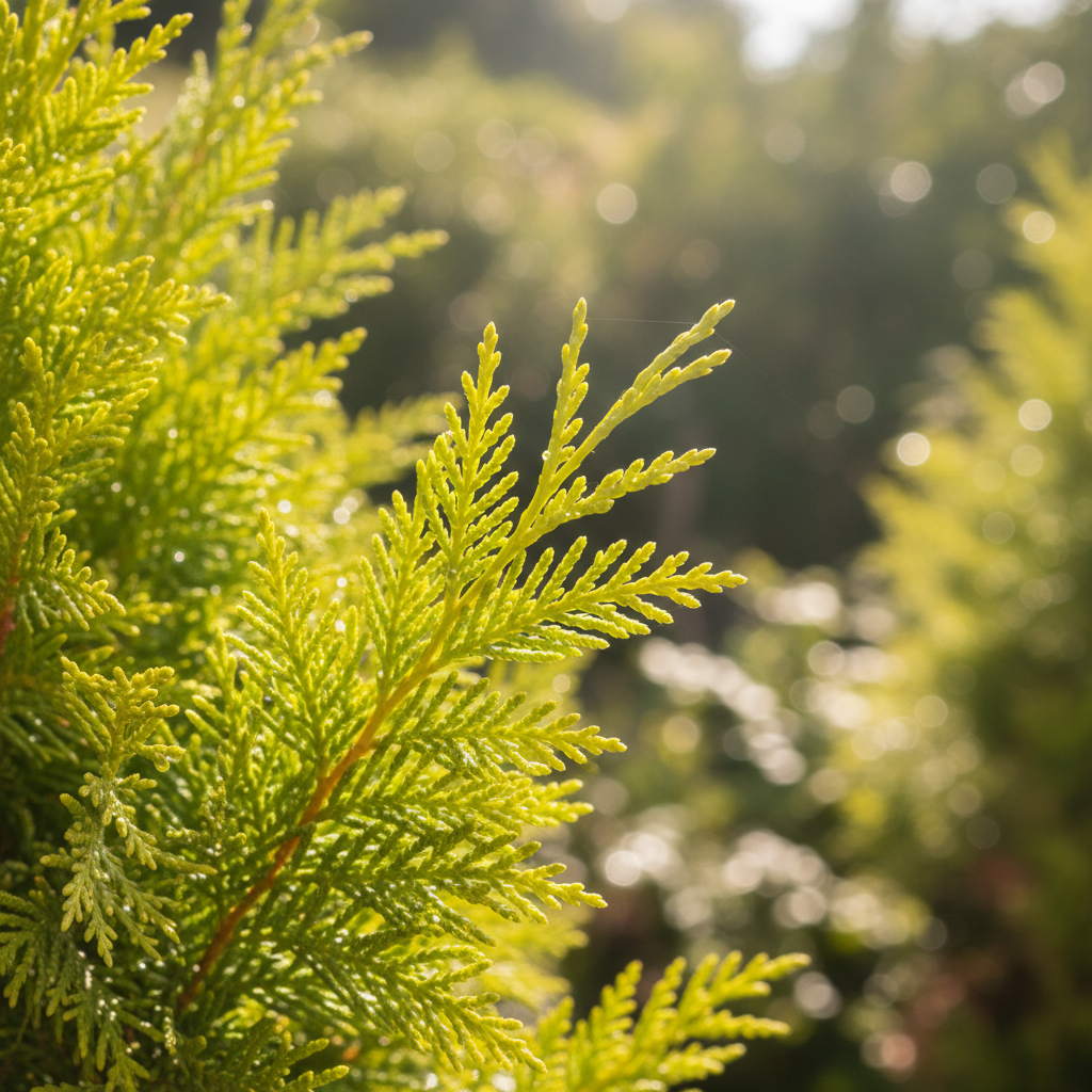 Close-up Lemon Cypress feathery lime-green foliage – AI generated