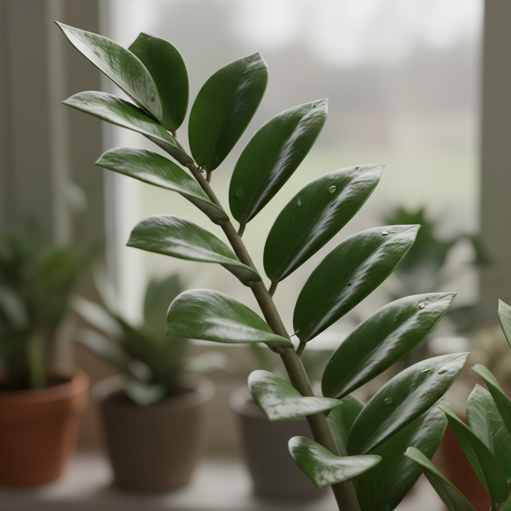 Close-up of ZZ Plant glossy waxy leaves