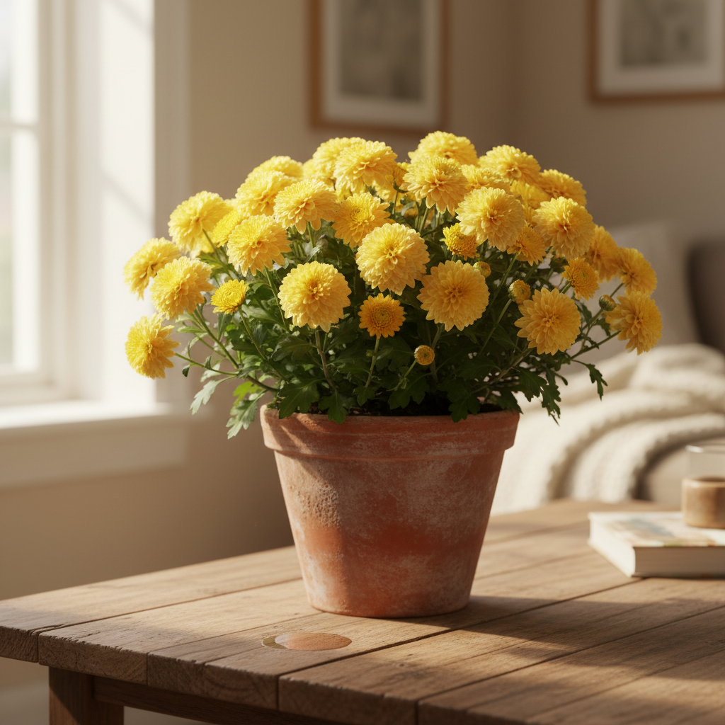 Yellow chrysanthemum in terracotta pot on wooden table