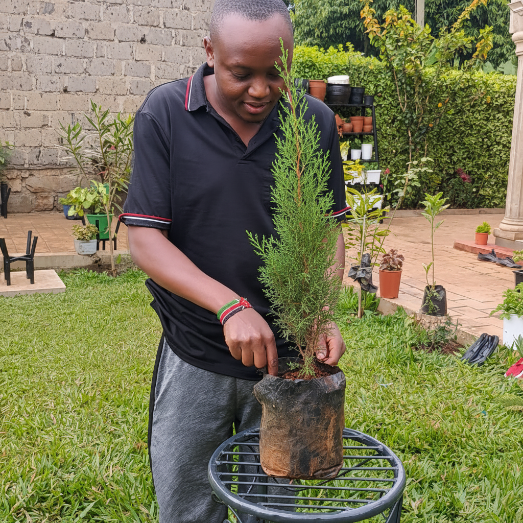 Italian Cypress seedling in planting bag on metal stand – AI generated
