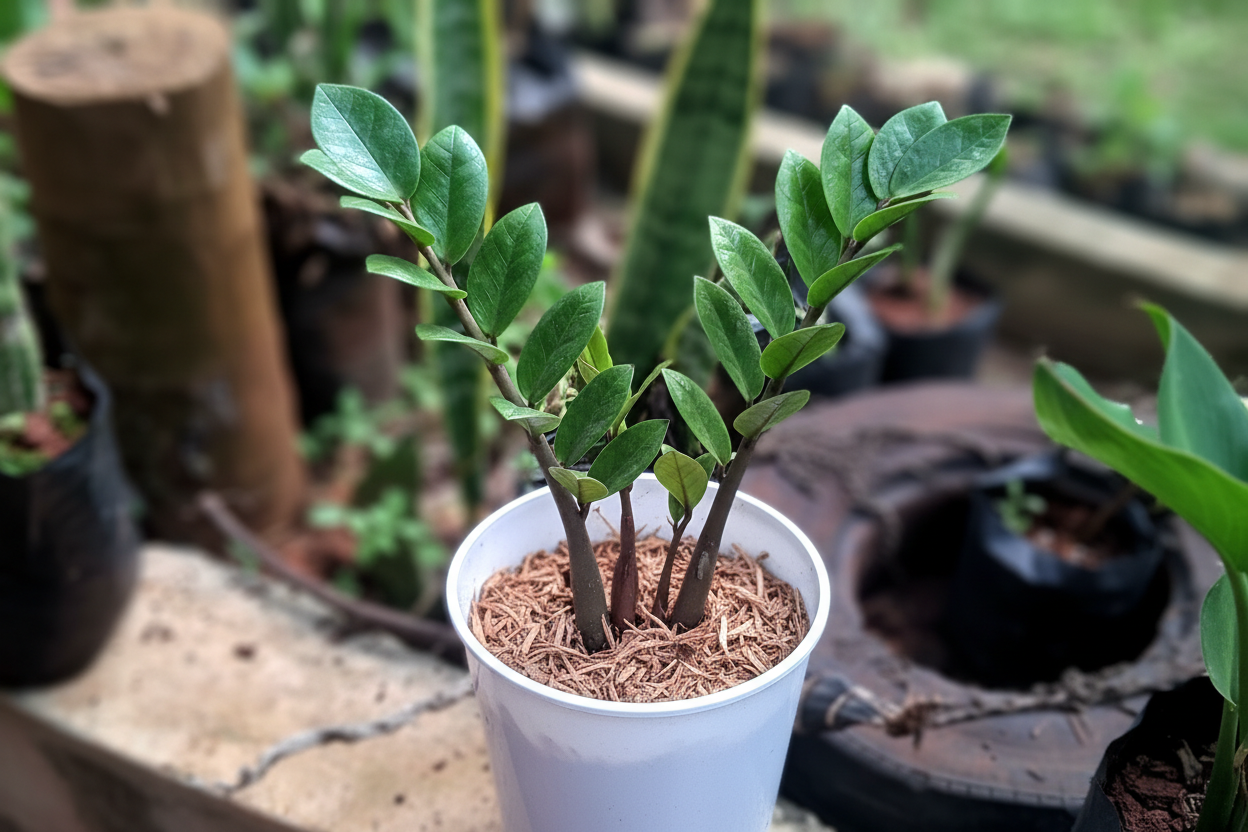 ZZ Plant in nursery pot with lush dark green glossy leaves