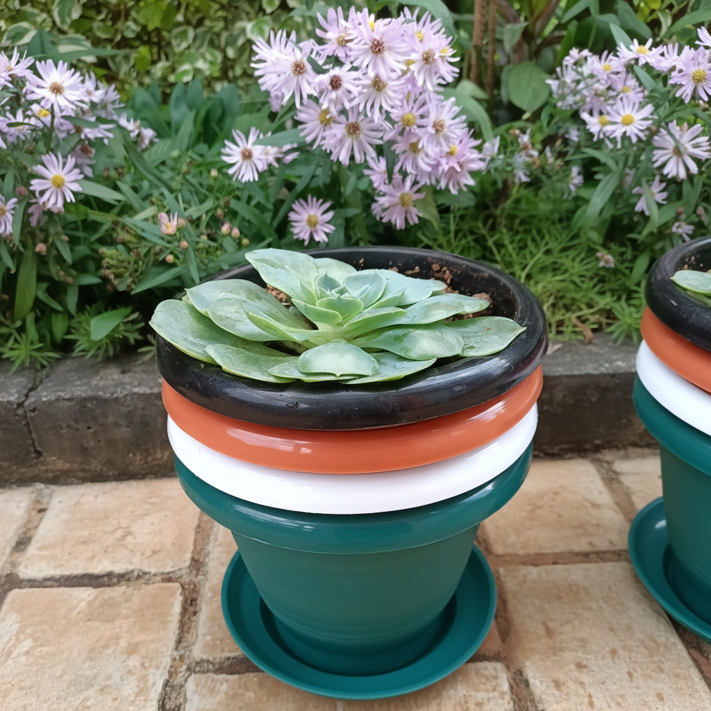 Echeveria Canadian in garden setting with purple daisy flowers