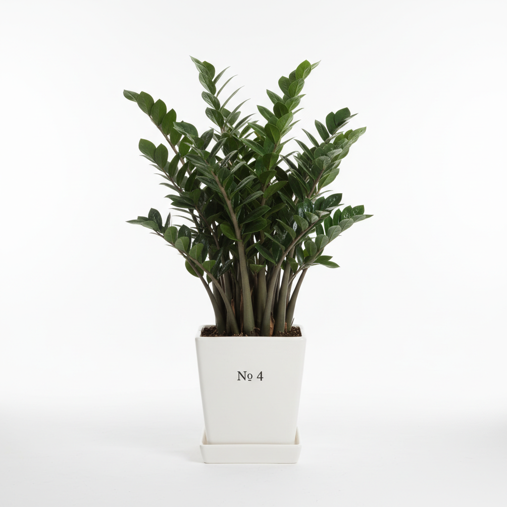 ZZ Plant with glossy dark green leaves in white square planter, white background