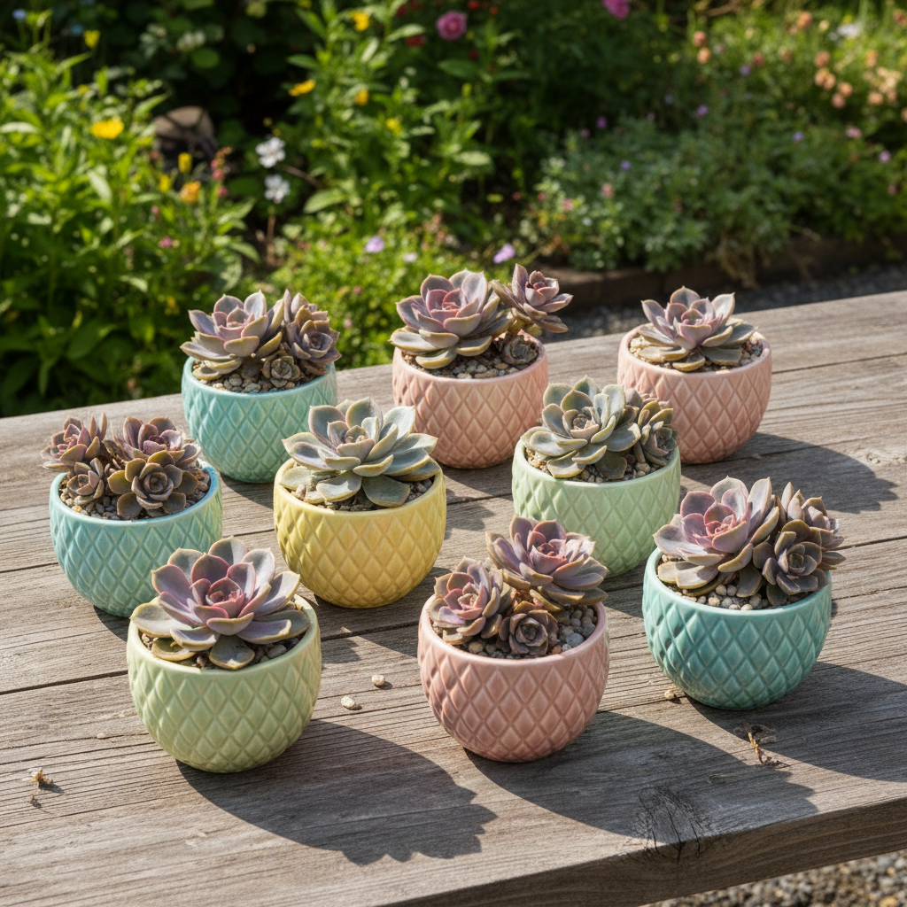 Collection of Echeveria Canadian succulents flat lay arrangement
