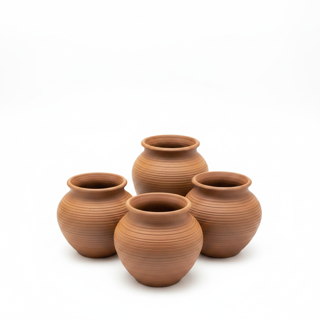 Small round terracotta clay pot on white background