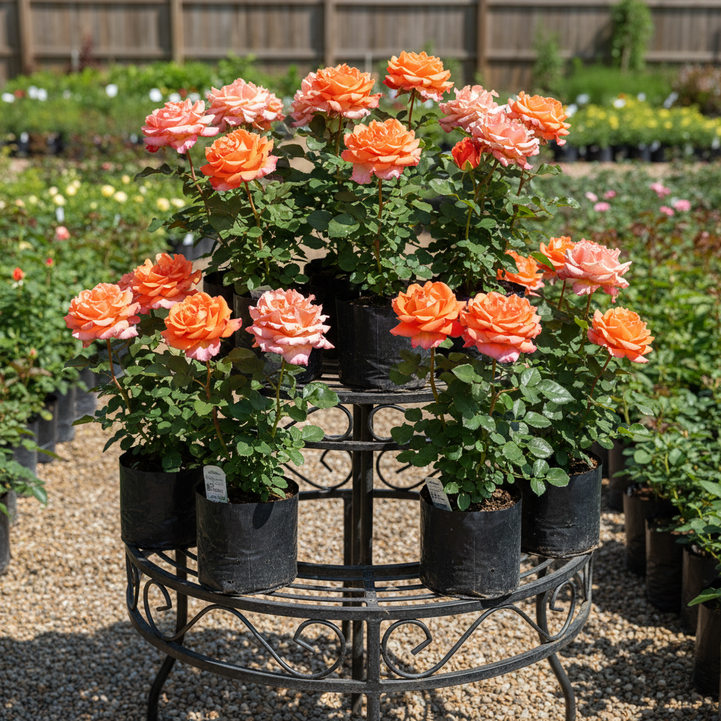 Multiple orange rose plants in nursery planting bags on garden stand – AI generated