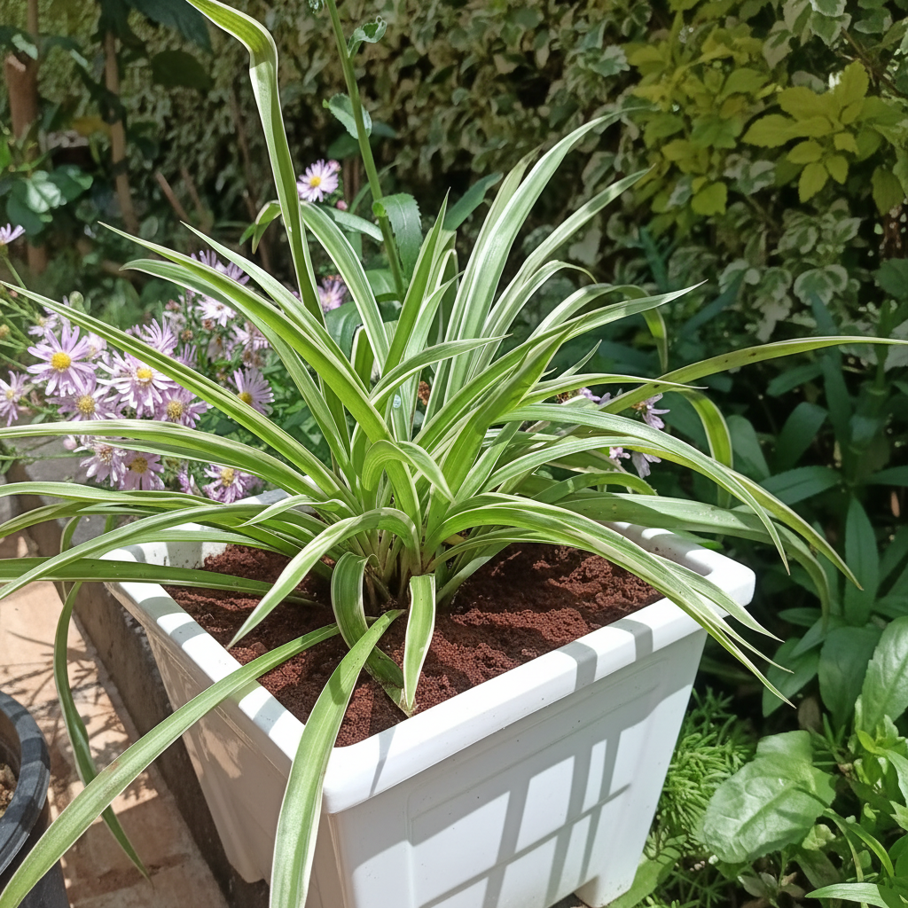 Spider Plant in white square planter No. 4, side view