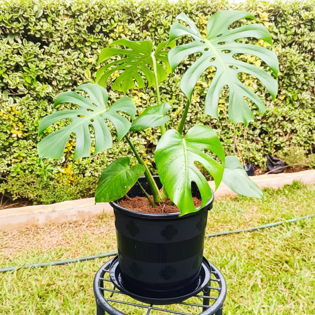 Monstera deliciosa in black pot on metal stand – AI generated