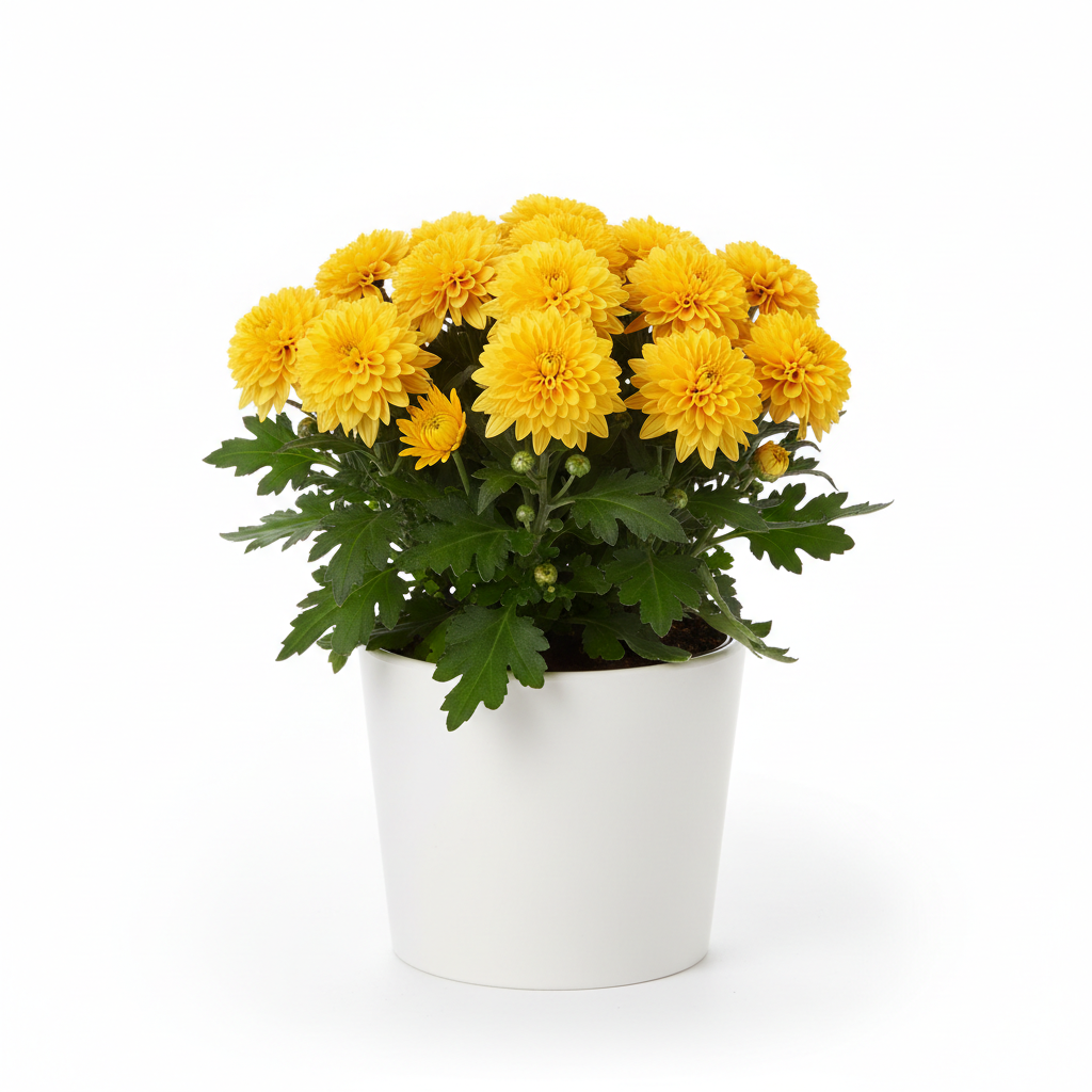 Yellow pompom chrysanthemum in white pot, product photography