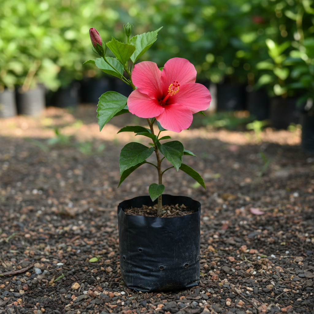 Pink Hibiscus rosa-sinensis plant in black nursery planting bag – AI generated